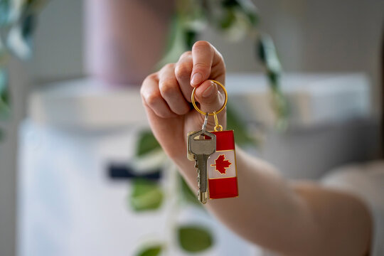 Close-Up of New Home Keys With Canadian Flag Keychain