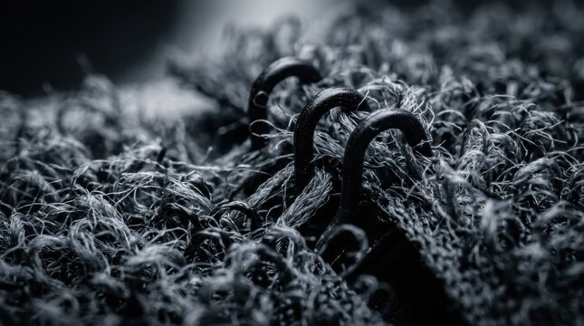 Macro Close Up of Metal Bra Hook and Eye Fasteners on Textured Fabric. Concept of metal hooks, fastener, textile texture.