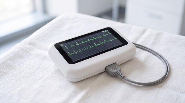Digital ECG Heart Rate Monitor Device on Hospital Bedding Surface