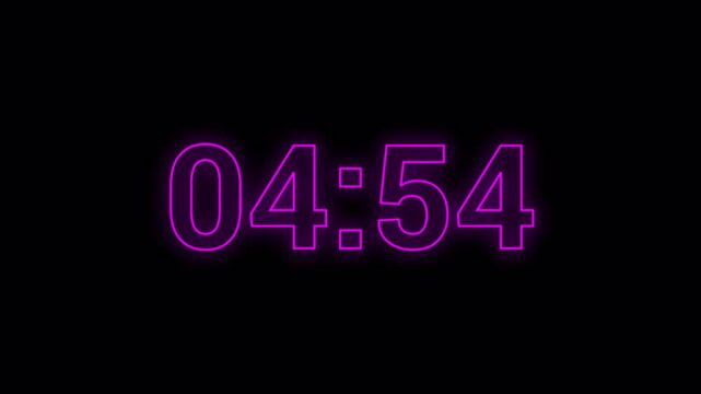 neon glowing 5 minutes countdown animation timer bold number time countdown, Digital timer animation 1-minute countdown from 5 to 4 minutes on transparent background in 4k.