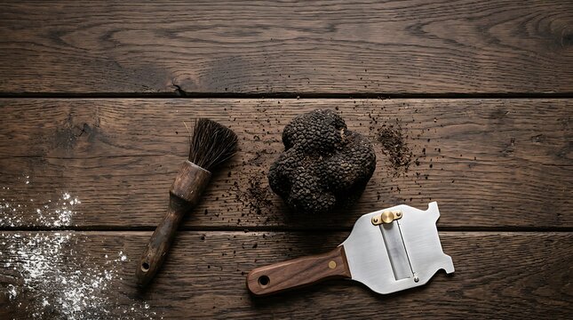 Fresh raw black truffle with vintage slicer and cleaning brush on rustic dark wooden background