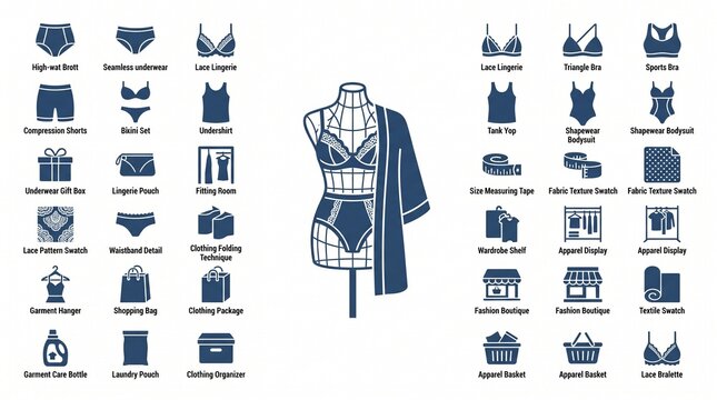 Underwear Fashion and Lingerie Apparel Icon Collection, Clothing Boutique Vector Set