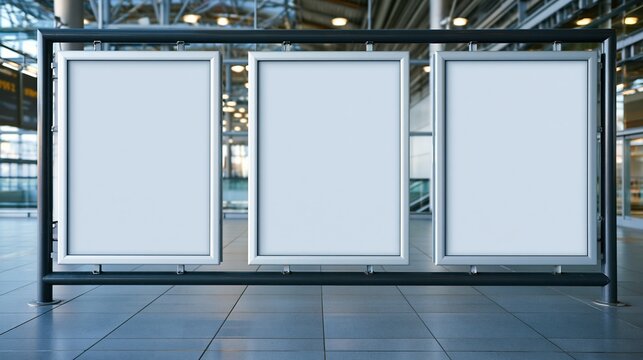 Three blank advertisement billboards in a modern, brightly lit indoor public space, ready for content