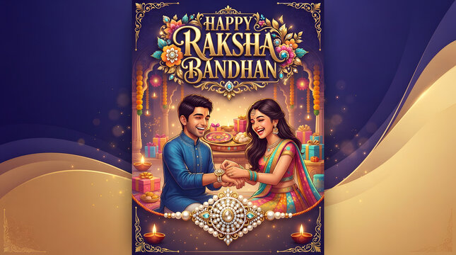 Raksha Bandhan vertical art depiction of a sister performing aarti for her brother on a purple ambient backdrop. Perfect for spiritual festival posts, cultural stories, and traditional greeting cards.