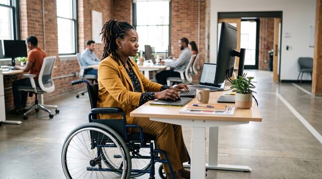 Black Business Woman in Wheelchair Working on Computer in Open Space Office. Concept of office worker, disability, inclusion.