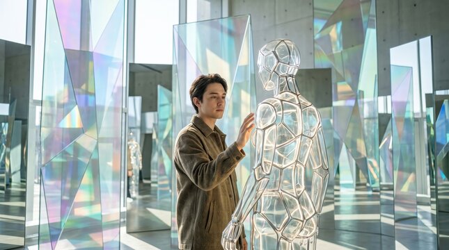 Man Touching Glowing Humanoid Robot in Futuristic Glass Gallery. Concept of artificial intelligence, futuristic technology, man interacting, futuristic design.
