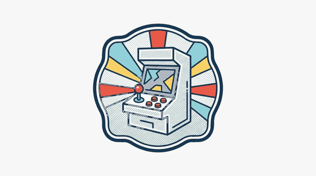 Retro arcade game cabinet vector illustration featuring a red joystick and buttons, set against a colorful sunburst background with halftone textures and a scalloped badge frame.