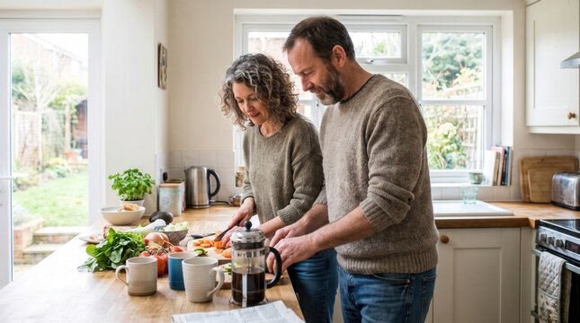 Mature Couple Cooking Healthy Meal Together in Bright Kitchen. Concept of family kitchen, healthy lifestyle, preparing food.