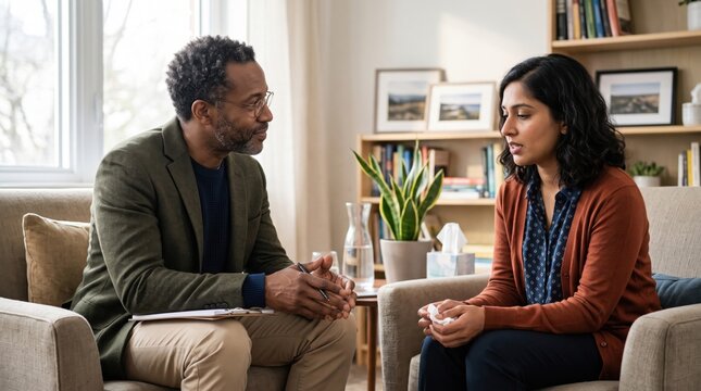Indian Woman Talking to Therapist in Mental Health Therapy Session. Concept of counseling, psychologist.