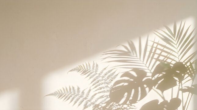 Tropical monstera leaf shadow on beige wall. Natural sunlight casting abstract botanical patterns. Minimalist light and shadow composition. Summer aesthetic background for decoration.