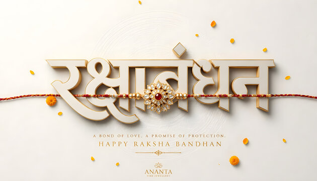 Raksha Bandhan 3D Hindi typography "रक्षाबंधन" accented with a central gemstone Rakhi and marigold petals. Excellent for authentic regional greetings, festive headers, and ethnic campaign designs.