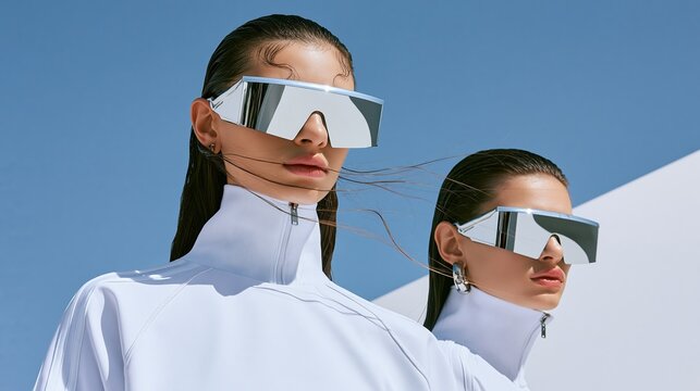 Futuristic women wearing mirrored visor sunglasses and white high-neck tops against a bright blue sky