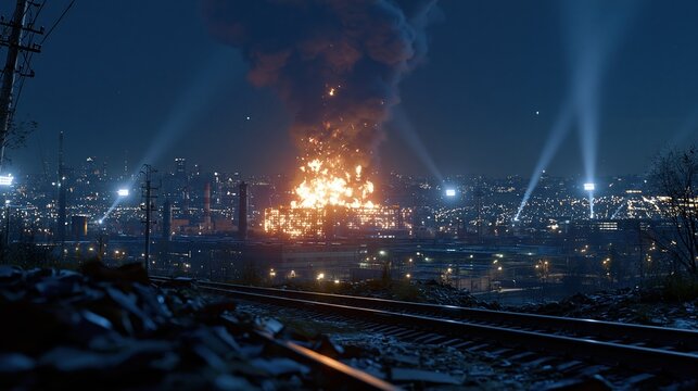 Dramatic nighttime cityscape with a massive explosion illuminating the sky and searchlights scanning the darkness