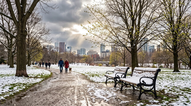 Urban park reveals merging winter and spring, with snow on ground and bare trees. People walk past benches under dramatic sky, showing merging winter and spring transition. Nature concept for season