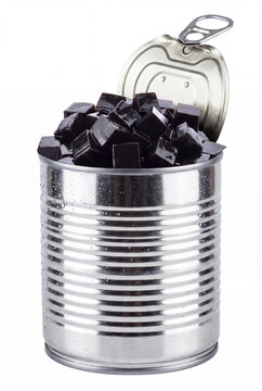 A chrome tin can filled with glossy black grass jelly cubes, isolated on pure white.