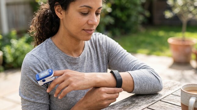 Woman Checking Pulse Oximeter and Fitness Tracker Outdoors. Concept of blood oxygen, health monitoring. Copy space.