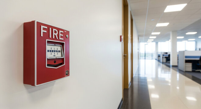 Red fire alarm box mounted on office wall.