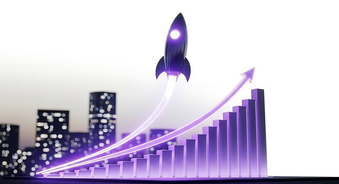 Rocket ship launching into sky with cityscape and growing graph