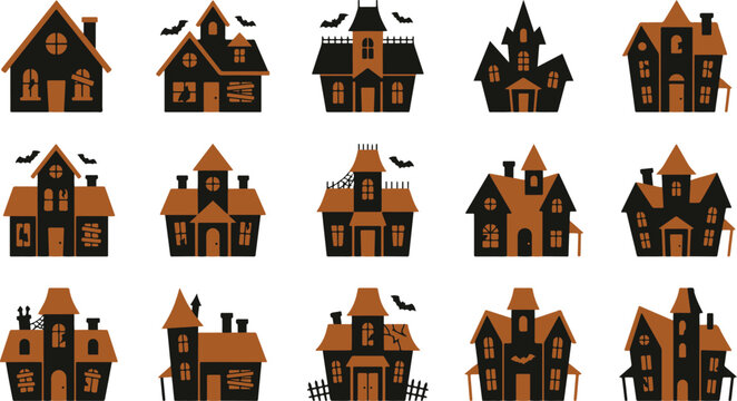 Set of fifteen different spooky haunted house illustrations for halloween decorations isolated on a plain white background for design projects