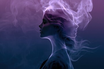 Obraz premium Surreal female profile emerges from swirling purple and blue ethereal smoke, symbolizing duality and consciousness