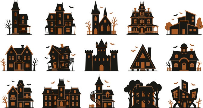 A collection of fifteen different haunted house illustrations featuring spooky victorian mansions castles and eerie buildings for halloween design projects