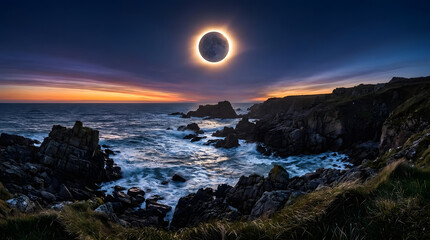 Obraz premium Total solar eclipse above rugged coastal cliffs.