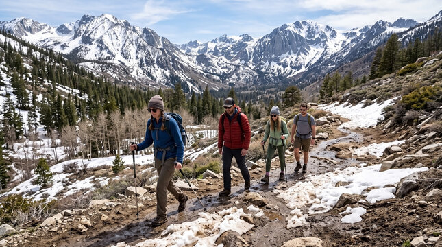 Hikers in seasonal transition on snowy mountain trail. Group of hikers in seasonal transition explores rugged terrain, distant peaks. Concept for adventure travel, outdoor lifestyle
