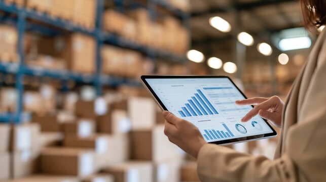 Woman Analyzing Warehouse Inventory Data on Tablet with Bar Charts and Graphs