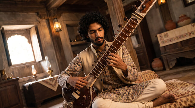 Indian classical musician performing sitar in a traditional indoor setting