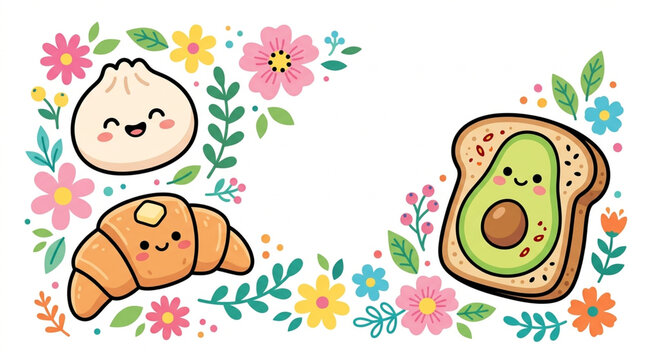 Flat vector of kawaii global food fusion stickers with smiling faces and floral arrangements on white background