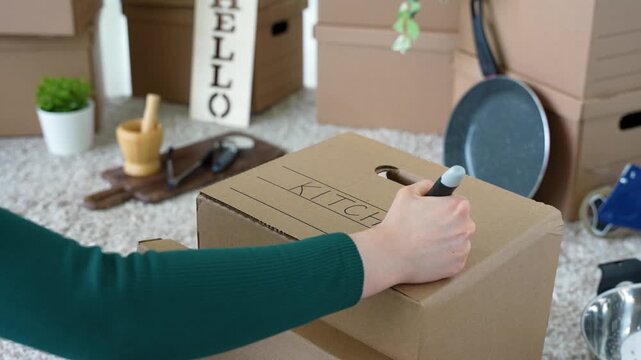 Woman Labeling Moving Box as Kitchen During Home Relocation