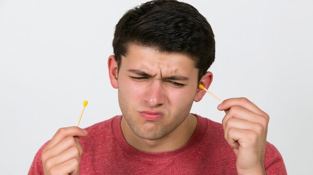 Yellowish traces of cerumen on the swab. Guy removing wax. Earwax is the sticky, yellowish substance formed in the ears