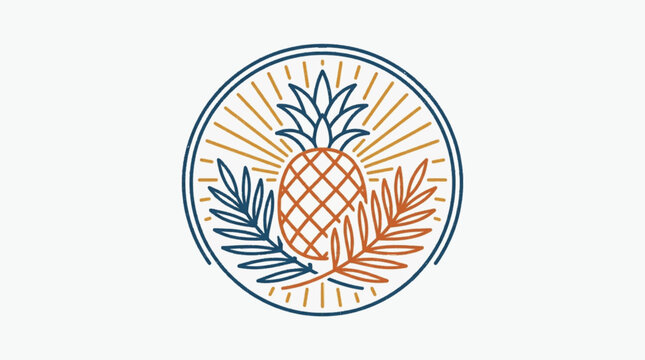 Vintage circular pineapple emblem featuring palm fronds and sunburst rays in a distressed blue and orange line art style, isolated on a white background for tropical theme designs.