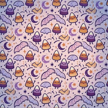 Whimsical halloween seamless pattern with candy corn characters, bat wings, and moons on a light purple background.