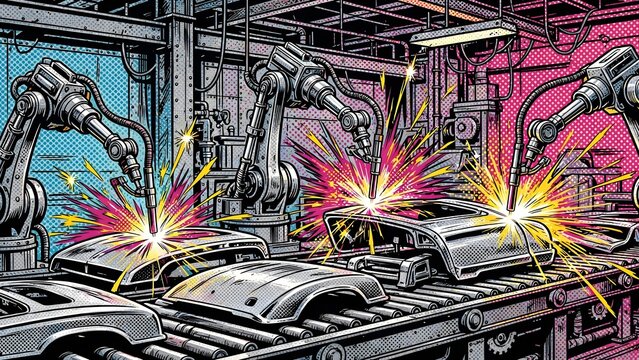 Pop Art Comic Panel Auto Welding Line Graphic Illustration with Robotic Arms Car Body Metal Sparks Ben Day Dots and Heavy Shadows