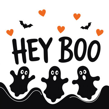 Hey boo halloween slogan with playful ghost characters bats and orange heart accents halloween characters seasonal celebration greeting illustration decoration template abstract