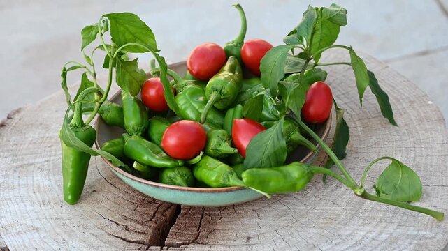 Slow motion macro pan video capturing a rustic bowl of fresh green Italian sweet peppers (friggitelli/friarielli) with tomatoes resting on a weathered wood plank. Mediterranean food concept.