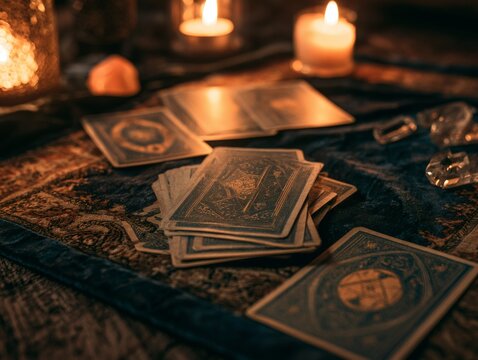 Tarot Cards on Dark Cloth with Candles and Crystals in Mystical Setting