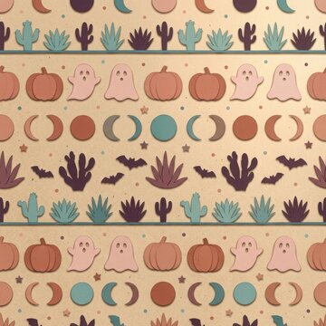 Boho halloween pattern with ghosts and pumpkins plus desert cactus and moon phases on kraft paper for autumn stationery.