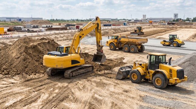 Heavy Construction Vehicles Operating at Large Earthmoving Construction Site
