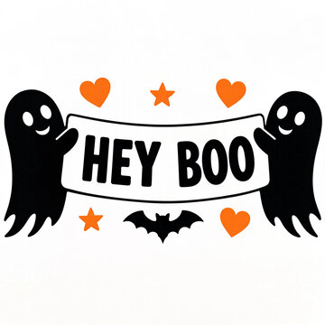 Hey boo halloween graphic featuring two cute ghosts holding a banner flanked by bats hearts and stars halloween design orange hearts bat illustration ghost illustration trick or treat