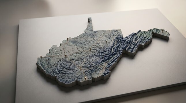 Detailed 3D Physical Relief Map of West Virginia with Roads and Location Pins