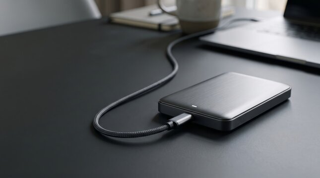 Modern External Hard Drive with USB Cable on Dark Desk