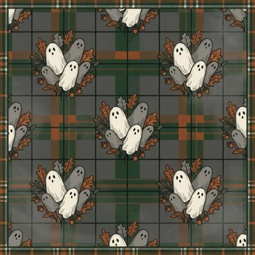 Cartoon ghost pattern on green and grey plaid background for autumn home decor and festive halloween fabric design projects.