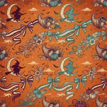 Vintage halloween pattern with witches on crescents and cornucopias on orange background for seasonal wrapping and crafts.