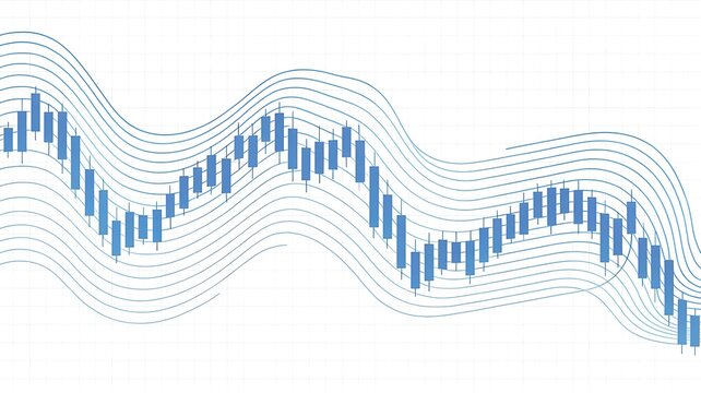 Abstract Financial Stock Market Candlestick Chart with Wavy Blue Trend Lines for Data Analysis and Trading