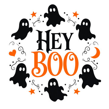 Hey boo halloween wreath design featuring black ghosts and orange lettering spooky graphic halloween typography cute ghosts holiday vector seasonal print festive design halloween
