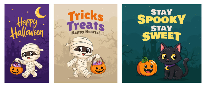 Cute Halloween Greeting Card Trio with Mummy, Black Cat and Pumpkin, Spooky Vector Collection