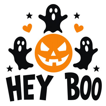 Hey boo halloween typography with cute ghosts and carved jack o lantern pumpkin spooky ghosts halloween text halloween celebration illustration seasonal