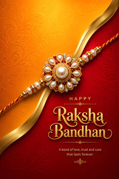 Raksha Bandhan with pearl Kundan Rakhi and flowing gold divider on modern red gold split background design